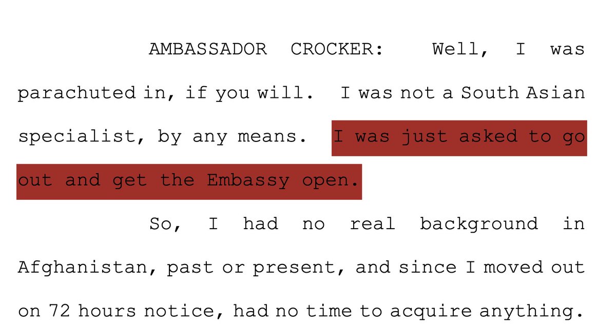 Ambassador Crocker was sent to Afghanistan to be the top US representative there, on 72 hour notice, without any knowledge of the region. 13/n