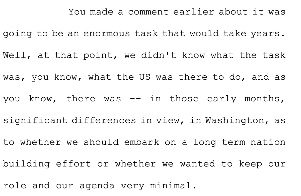 Upon being sent to Afghanistan, Ambassador Crocker could not make plans because the Bush administration still had not decided on what it wanted to do. Everything from "long term nation building" to keeping "our role and our agenda very minimal" was on the table. 14/n