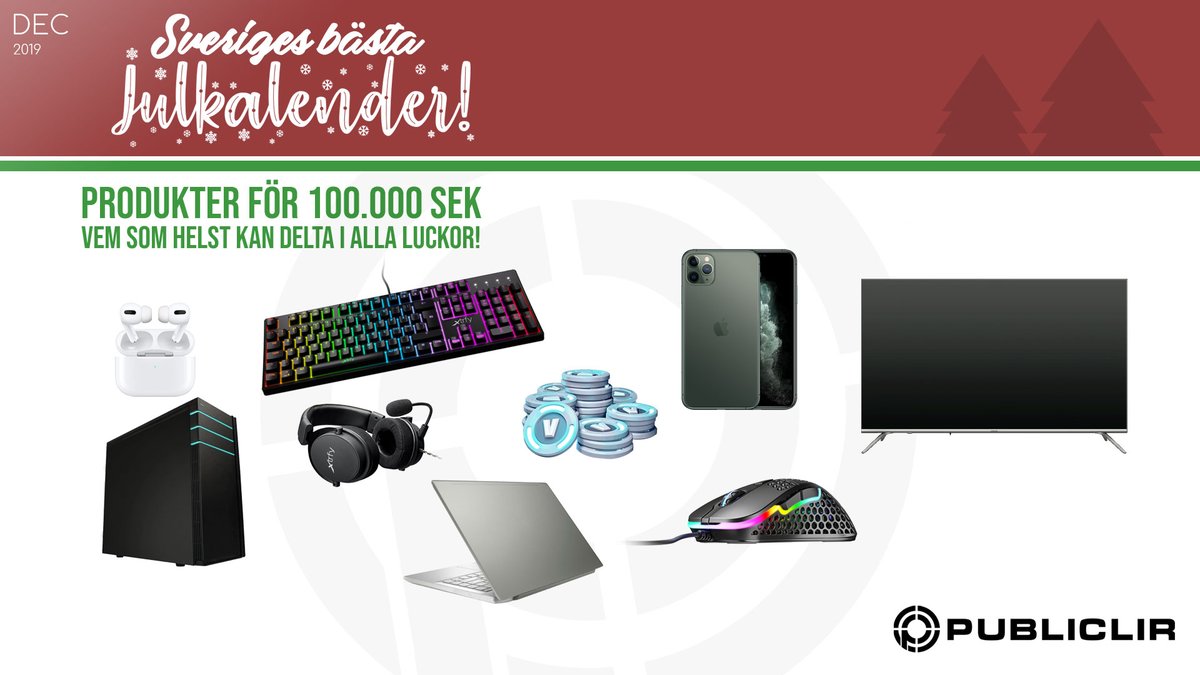 Sveriges kanske fetaste julkalender är tillbaka, nu större och bättre! 

Produkter delas ut varje dag till ett totalt värde på 100 000 SEK!

Läs mer här: publiclir.se/news/sveriges-…

Glöm inte att delta varje dag, samma person har möjlighet att vinna fler än en lucka, lycka till!