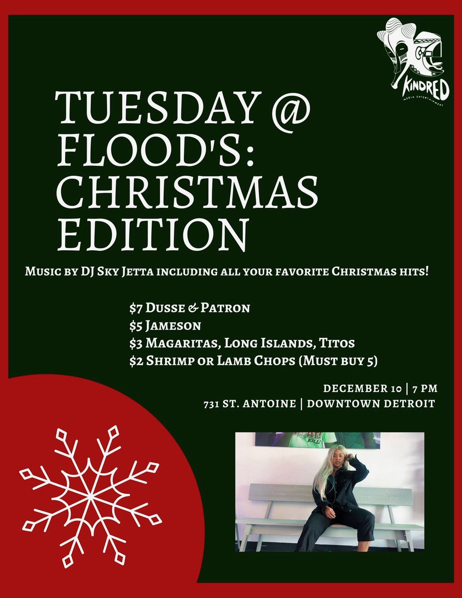 KindredxME's tweet photo. It’s the most wonderful time of the year and we’re partying at @FloodsDetroit with our girl @djskyjetta. She’s promised to mix in some of your favorite Christmas songs all night. If you’ve been to Floods on a Tuesday before, you already know you won’t want to miss this! https://t.co/BUN0wvC14A