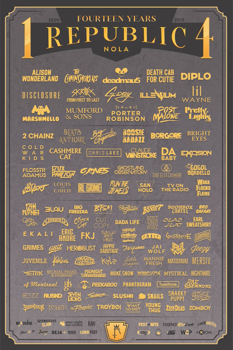 RepublicNOLA's tweet photo. Today we're kicking off our 14 year anniversary week! Way too many names to tag for those artists that have graced our stage over the last 14 years, but what is YOUR favorite memory at Republic? https://t.co/4i8avthtTj