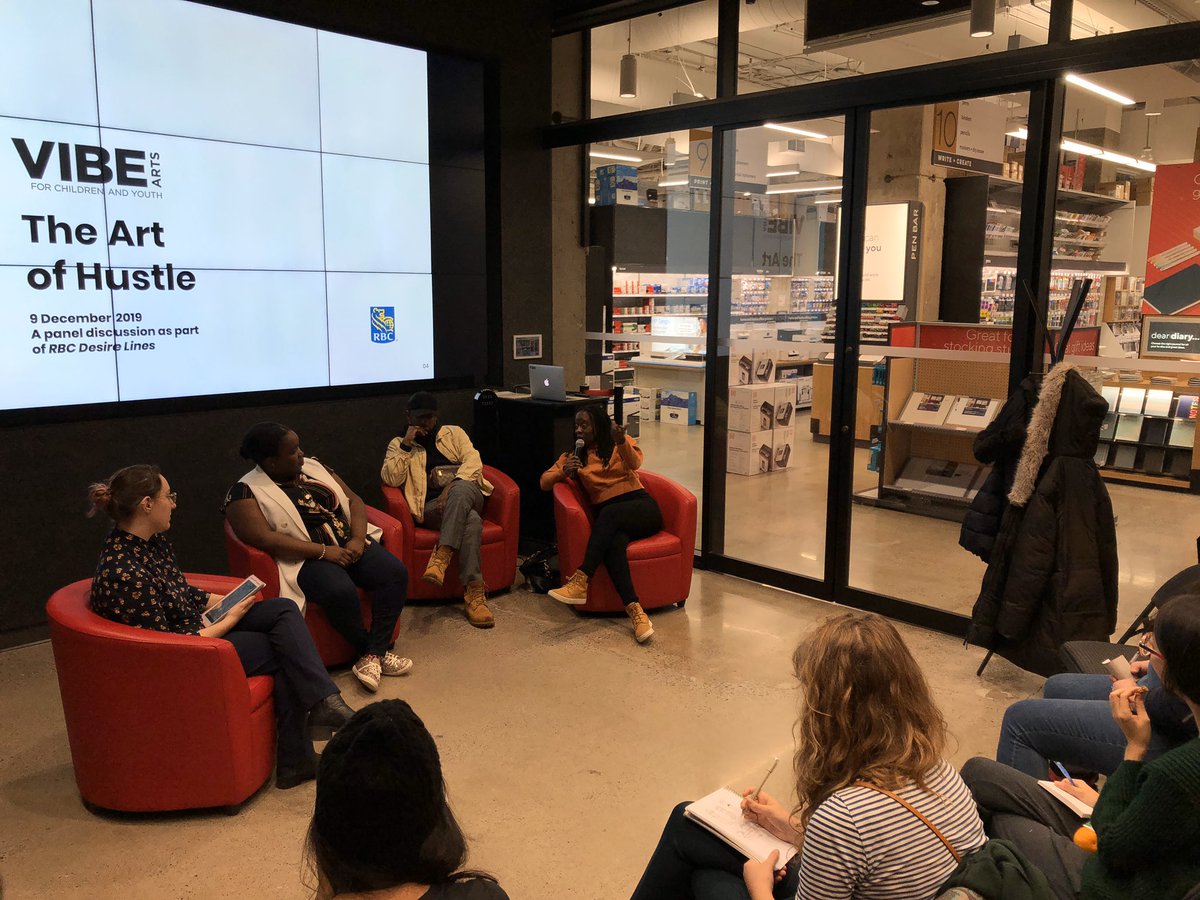 VIBEArtsTO's tweet photo. We’re at @StaplesCanada tonight for our @RBC Desire Lines #ArtistPanel discussion. Thank you to Sylvie Stojanovski for moderating and to panelists @misscocomurray, @MoniqueLondon and #BaluKanagalingam for bringing your experiences and energy. https://t.co/SMez478Tq8