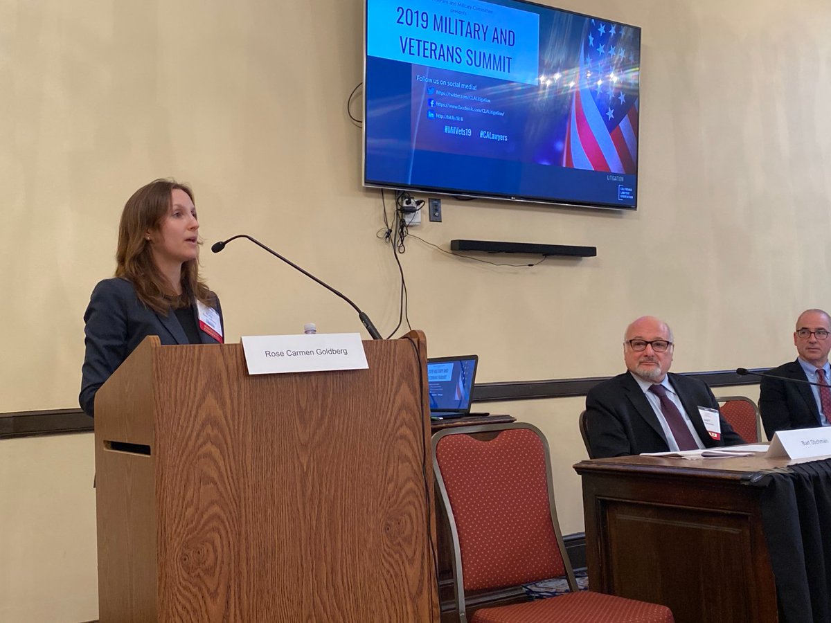 CLALitigation's tweet photo. #ClassActions by #military service members and #veterans against the DOD and VA are on the rise, and appeals cases are reshaping precedent. Thanks to Rose Carmen Goldberg, Bart Stichman and @MikeWishnie for a great discussion. #MilVets19 #CALawyers @YaleLawSch @Lawyer4Warriors https://t.co/M3KozJwBbK