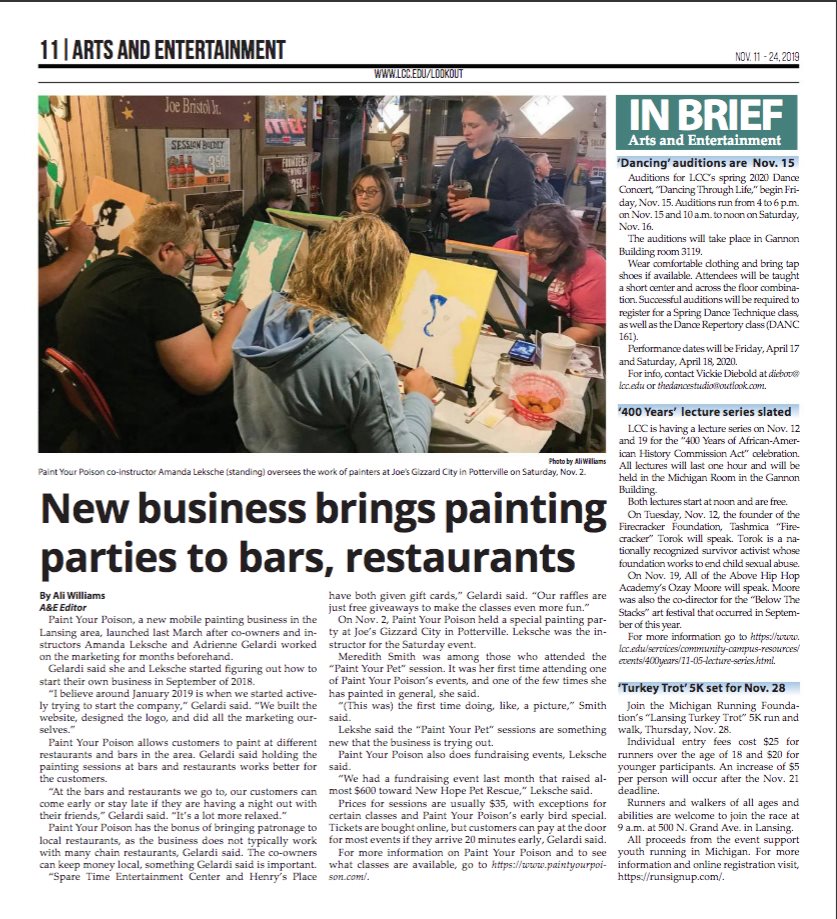 PaintYrPoison's tweet photo. Did you see us in LCC's The Lookout?! 👀https://t.co/t6bvuspPIP &amp; Scroll to page 11

#lccthelookout @LSJNews @CityofEL #lansingnews #paintparty #artnews #businessnews https://t.co/4qWVpF53S4
