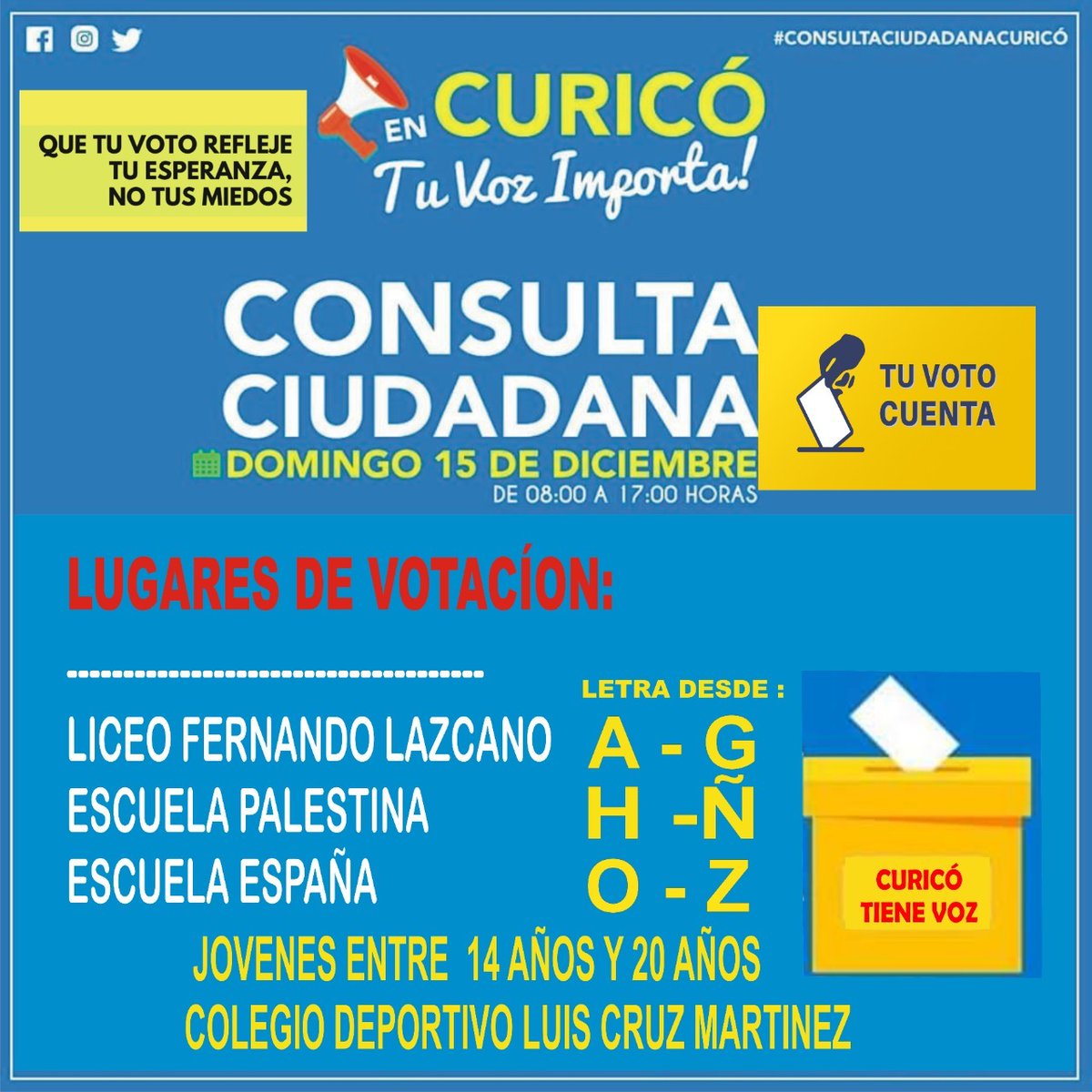 Rcastro_curico's tweet photo. Todas y todos invitados a participar de la Consulta Ciudadana este domingo 15 de diciembre #Plebiscito15D @PrimeraFuentecl @Victor_Curico @MarcoCeresuela @vlnradio @Daemcco @musicanoticiacl @Muni_Curico @ElSebadelTuiter @radiofavoritafm @Victor_H_H @laprensacurico @Curiconectado https://t.co/KYDNBNWXZQ