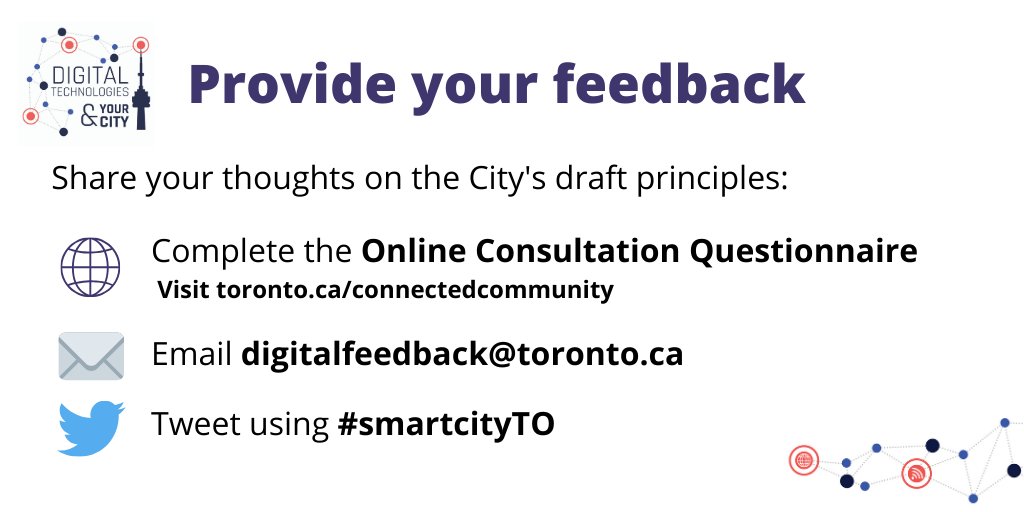 GetInvolvedTO's tweet photo. Use #smartcityTO if you have any questions or comments throughout tonight's presentation.
Submit your comments/feedback by emailing digitalfeedback@toronto.ca or by completing the online questionnaire - https://t.co/8EWirQA7oT
#smartcityTO
#Toronto #CityofTO #tech #IoT https://t.co/8FVaMUVZex