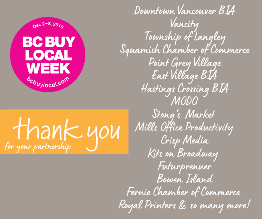 LOCObc's tweet photo. Thank you to our #BCBuyLocal Week partners! @downtownvan @Vancity @LangleyTownship @squamishchamber @pointgreyvillag @eastvillagevan @HXBIA @modo_carcoop @stongsmarket @millsofficeprod @chrispilkington @kitsonbroadway @FuturpreneurBC @BIMunicipality @FernieChamber @RoyalPrinters https://t.co/3zR6HNBWFz