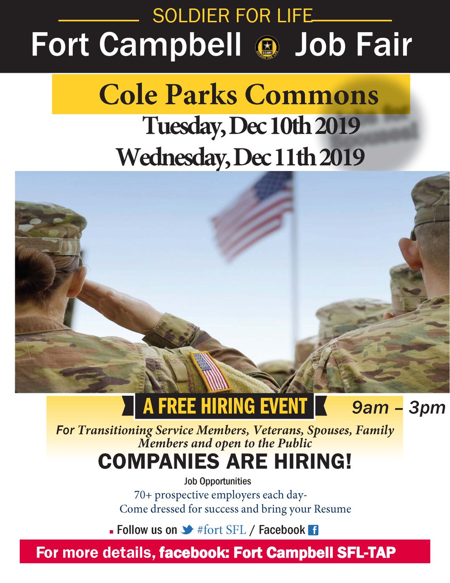 FortSfl's tweet photo. Soldier for Life-Transition Assistance Program/
Tomorrow is the start of Day 1 of the two day Job Fair. 
Fort Campbell Job Fair is the largest Job Fair in the region. If you are looking for a new career this is the place to be. Bring your resume, be ready to interview on the spot https://t.co/JLtZC4IjIZ