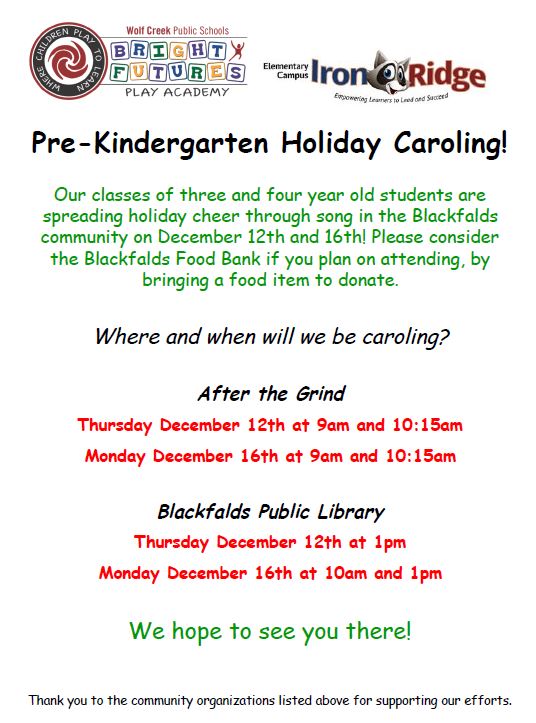 IRECPreK's tweet photo. 🎶We are spreading festive cheer through song in our #Blackfalds community on Thursday December 12th &amp; Monday December 16th🎶 All are welcome to enjoy our #PreK caroling while supporting the @blackfalds food bank, if you can! @IREC1 @blkfaldslibrary @blackfaldslivin @IRECKinders https://t.co/a0ycihYHUx