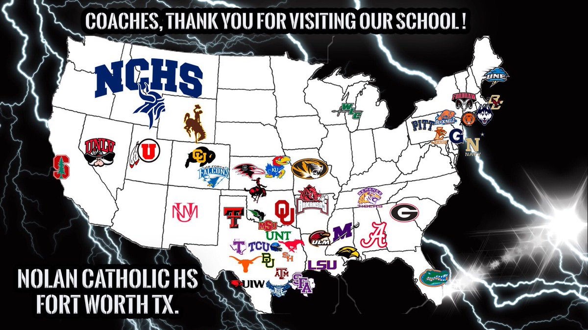 Thank you to these schools &amp; universities that have come out so far this year to visit with <a href="/NolanCatholicFB/">Nolan Catholic Viking Football 🏈</a>! We appreciate you &amp; look forward to continue to talk about our student-athletes and about all you have to offer! #iroNClad