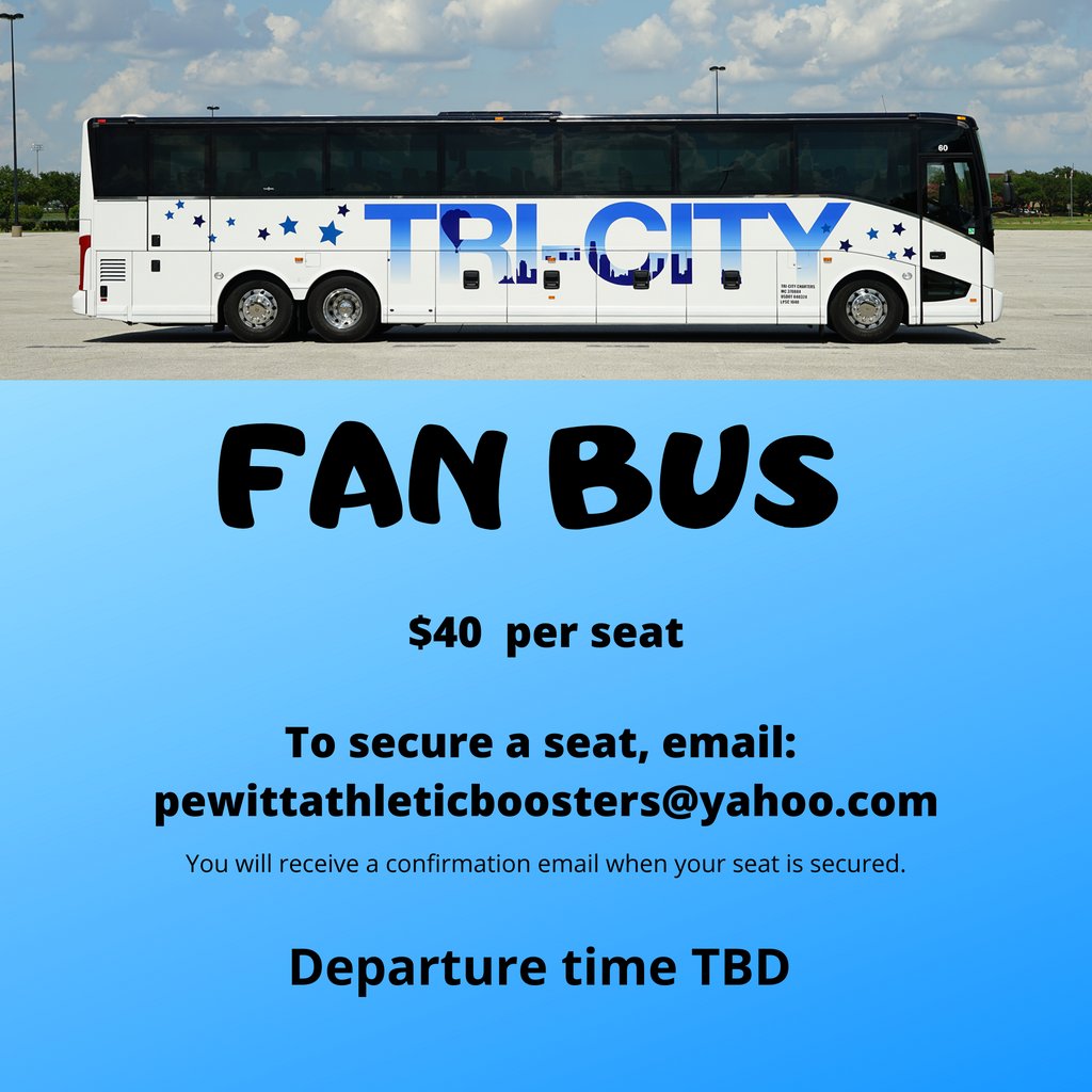 Pewitt_CISD's tweet photo. Thank you to our Athletic Booster Club for organizing a Fan Bus! Departure times will be provided as soon as they are determined. Please refer all questions to the email provided. https://t.co/utz7fDvczJ