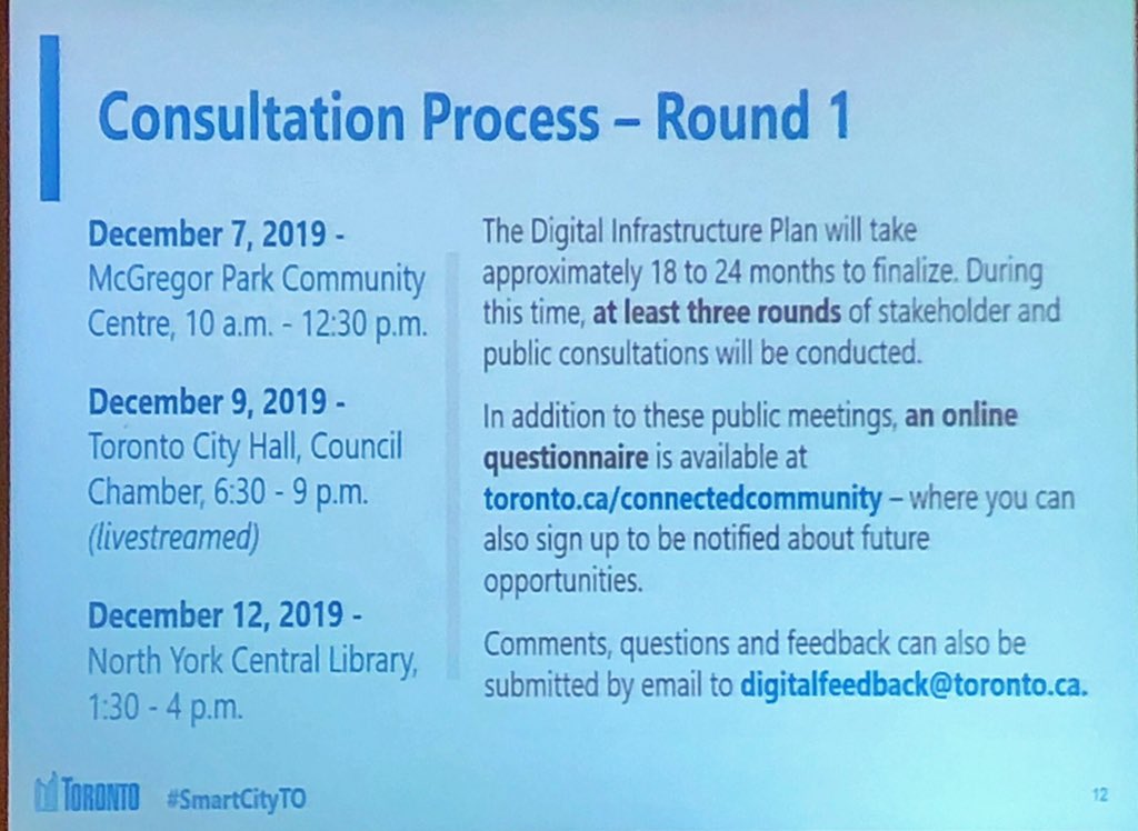 DumasRaphael's tweet photo. We are presently in Round 1 of the consultation. You can still attend another consultation in North York Thursday. Also fill out the #SmartCityTO survey!! https://t.co/NfdSDJdikZ https://t.co/a3VFxjXT3o