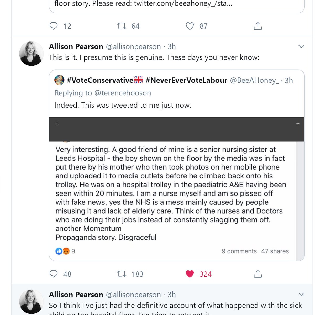 7/ Meanwhile, back on Twitter,  @Telegraph columnist  @allisonpearson retweeted the copy and pasted tweet (of course in theory the text could still be genuine - but if so why is is circulated by weird sock puppets). Pearson 'presumes it is genuine'.