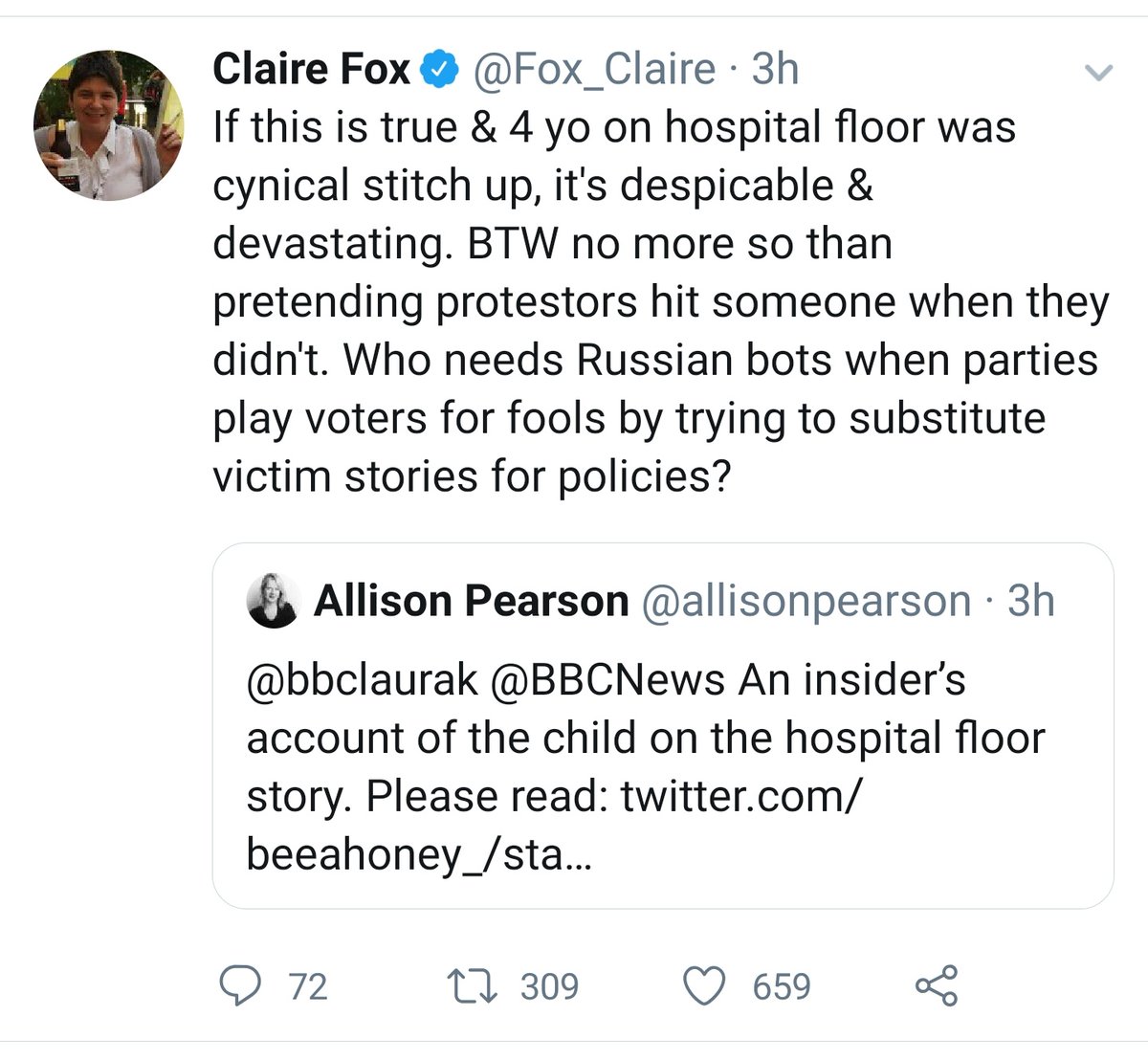 9/ Last one. Interestingly  @allisonpearson 'a retweet of what looks like a bot was then retweeted by  @Fox_Claire (albeit with more caveats - not that it matters really) . Goes to show how potentially fake accounts and news can spread so insidious