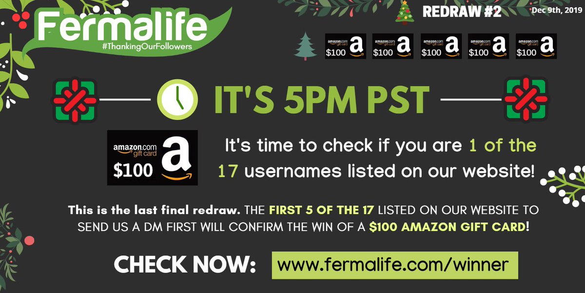 fermalife's tweet photo. 🎉🎄 IT'S 5PM PST! This is the final redraw so THE FIRST 5 OF THE 17 TO DM US FIRST WILL WIN! CHECK NOW to see if you are one of the 17 followers to be listed on our website. CHECK HERE: https://t.co/6abtkiesD2 **HINT: Check if your account creation date matches first!** 🎁 https://t.co/8Ooh2nnIdT
