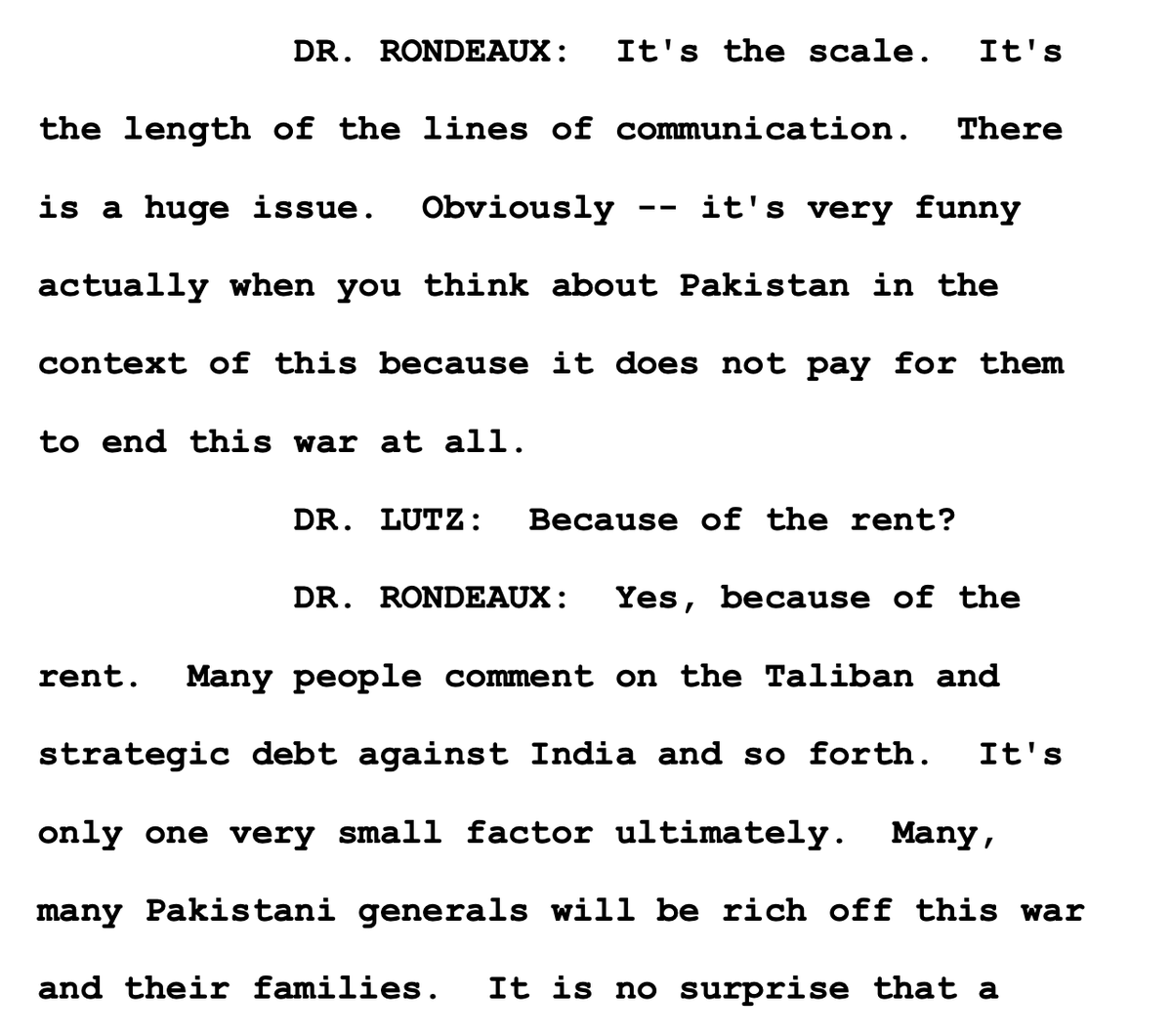 Professor Candace Rondeaux says Pakistani generals are getting rich off the war, starts to say something about "West Point graduates," and then asks to go off the record. 28/n