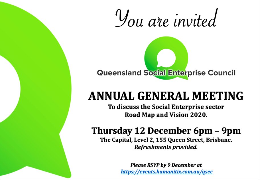 QSocEnt's tweet photo. This Thursday night is shaping up to be pivotal in the Qld Social Enterprise Sector. We encourage you to join us to discuss the Social Enterprise Sector Road Map and our Vision for 2020. Please don't forget to register at https://t.co/wxTU3h5vA2
#socent #socialimpact #qsocent https://t.co/Lz1cJMCGaq