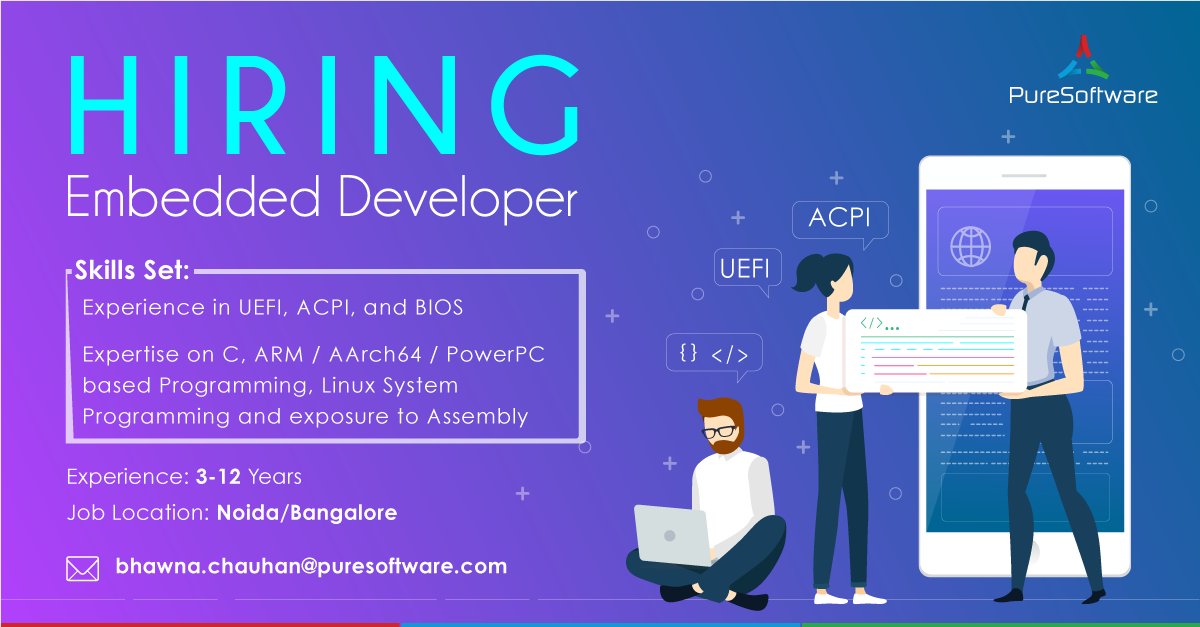 PureSoftware's tweet image. Come build your future with PureSoftware! We are on a lookout for #EmbeddedDeveloper with 3-12 years of experience. Apply to get hired!
#Job #Career #Hiring #ITJobs #BangaloreJobs #NoidaJobs #Embedded #ARM #UEFI #ACPI #BIOS #DeveloperJobs #EngineeringJobs