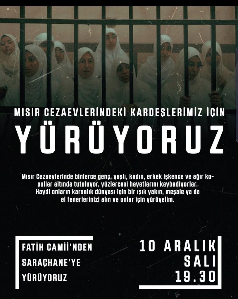 [YÜRÜYÜŞE DAVET] Mısır cezaevlerindeki insan hakları ihlallerine karşı hep birlikte yürüyoruz. Haydi sen de #SESVER 🗓 10 Aralık Salı (Bugün) ⏰ 19.30 📌 Fatih Camiinden Saraçhane Parkına Yürüyüş