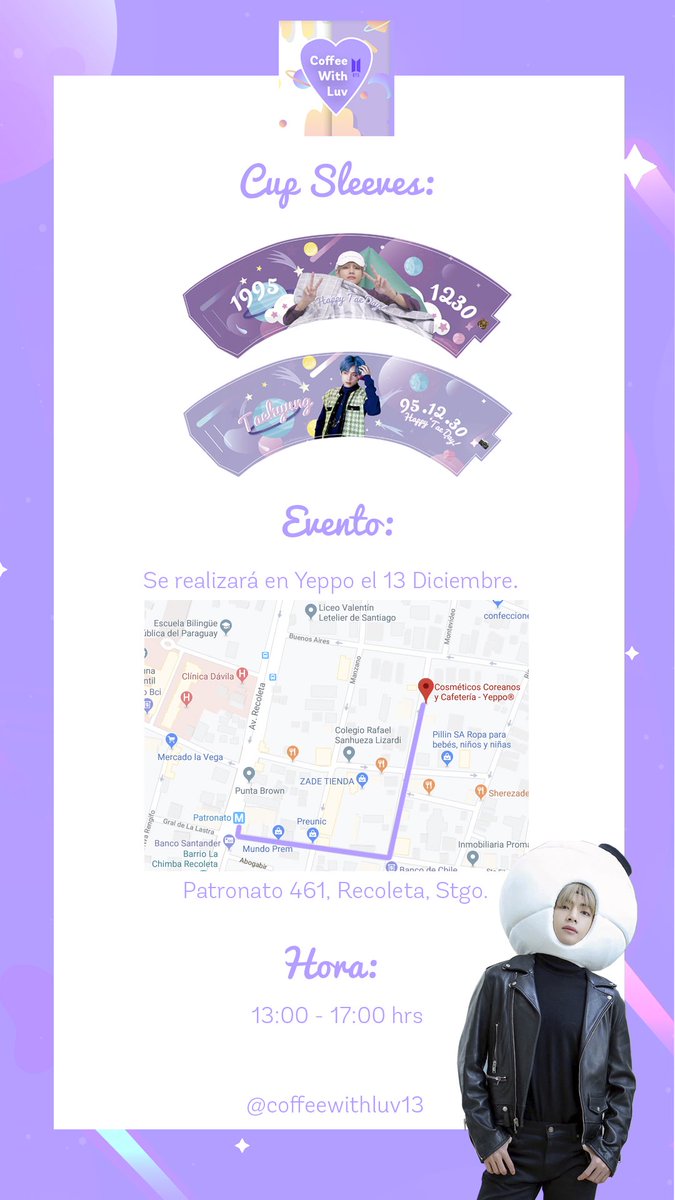 coffeewithluv13's tweet photo. 💜L@s invitamos a celebrar el cumpleaños de nuestro querido #Taehyung 💜

🗓 ¿Cuándo? 🗓 viernes 13 de Diciembre 

📍¿Donde? 📍 #Yeppo Patronato 461, Recoleta, Stgo.

⏰ Horario ⏰ 13:00 - 17:00 hrs 

 #HappyTaehyungDay #happybirthdaytaehyung https://t.co/X9CXNSCyTf