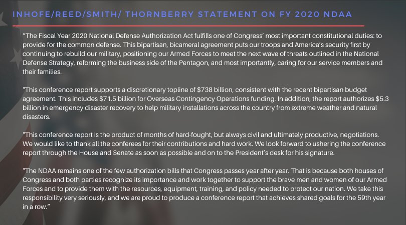 JimInhofe's tweet photo. Proud to join @SenJackReed @RepAdamSmith @MacTxPress in unveiling the #FY20NDAA. This bill puts our troops and America’s security first – and I look forward to its swift passage. Read a summary of the bill here: https://t.co/SP7fxAkUuN https://t.co/akpjqwiLwh