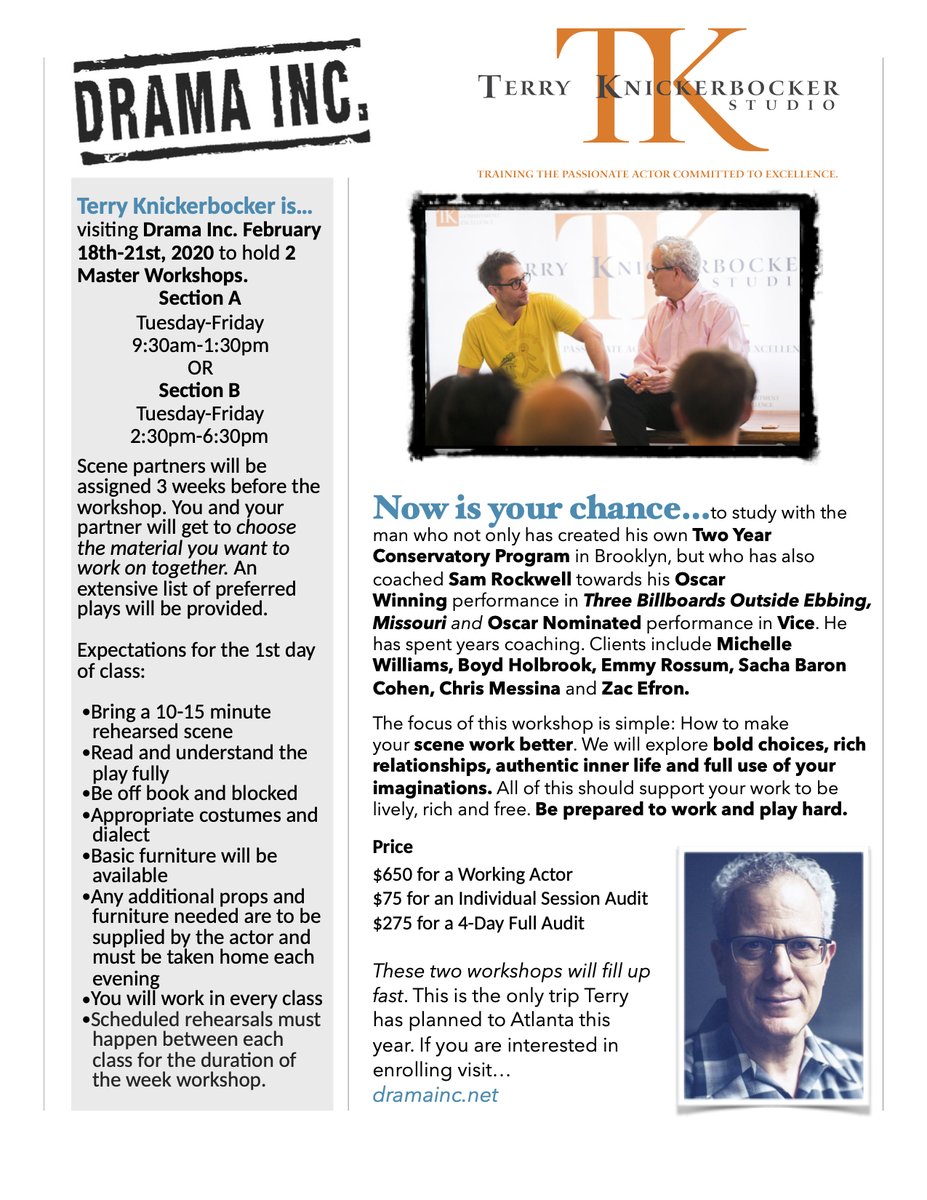 We are BEYOND excited to welcome Terry Knickerbocker to Atlanta in early 2020!! actors, if you're looking for a challenge to up your game, jump on this asap. It will fill very quickly.
