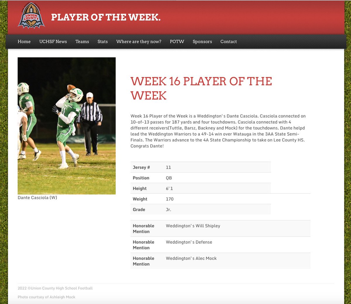 The WEEK 16 UCHSF Player of the Week is Weddington's Dante Casciola! @BigDubFootball @CasciolaDante @WHSWarriors @WeddingtonSTUGO @coachcaponewhs UnionCountyHighSchoolFootball.com