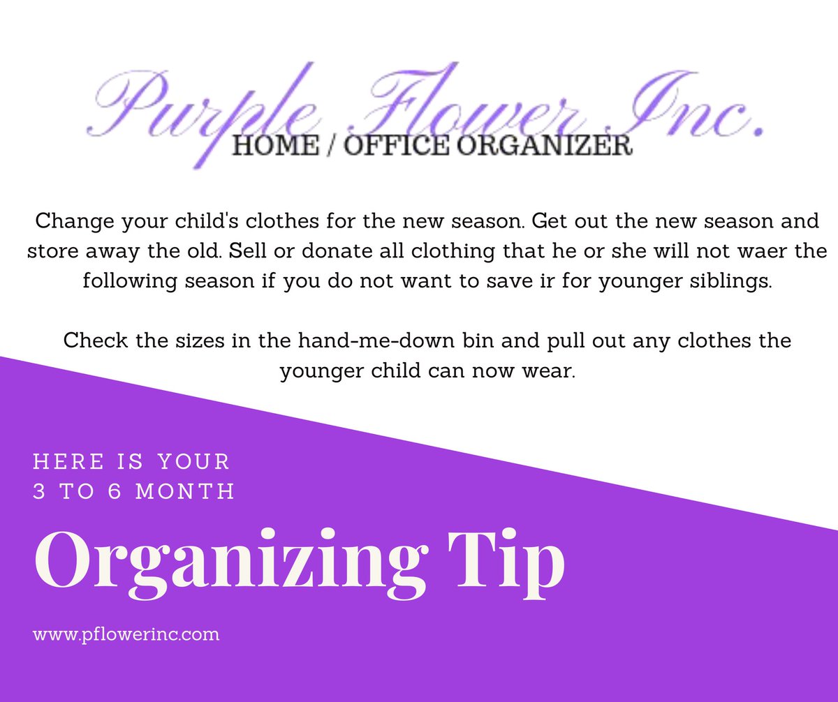 pflowerinc's tweet photo. Purple Flower Inc. 3-6 Months Tips. Check out this tip and complete the task.
#purpleflowerinc #organizing #declutter #letgo #purge https://t.co/y6h1sBAJt1