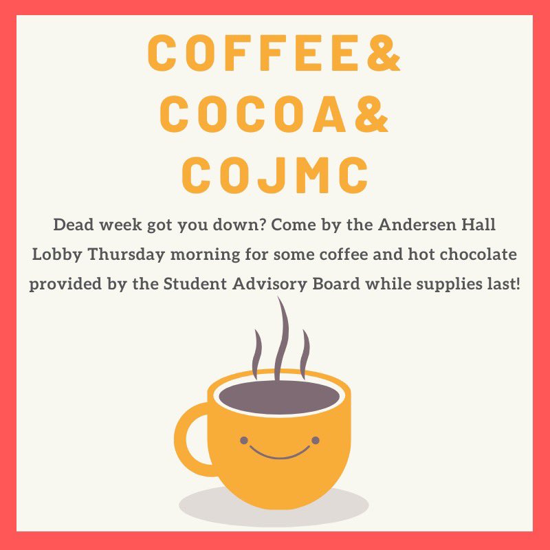 SAB_CoJMC's tweet photo. Need a pick me up? Stop by the Andersen Lobby Thursday morning! https://t.co/BIZhW01Tz2