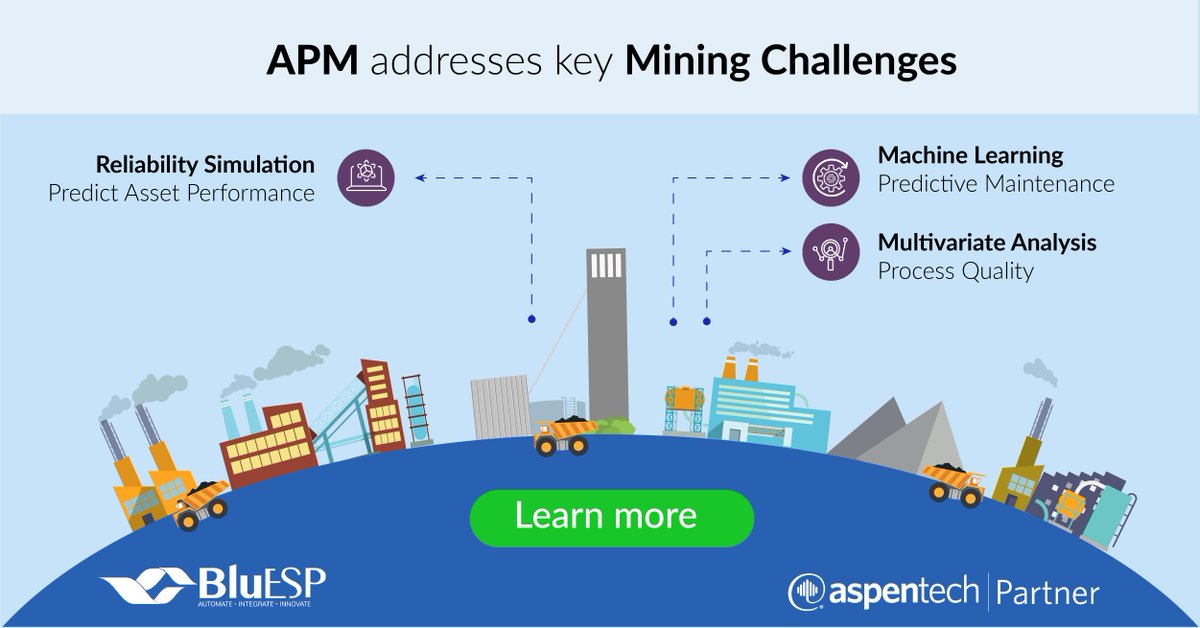 BluESPpage's tweet photo. Reduce Downtime for Mining Equipment with machine learning. #aspenmtell is a prescriptive maintenance solution that uses agents to recognize asset failures earlier and with greater accuracy. 
https://t.co/h9RST0IlEK
#bluesp #aspentech #apm #mtell https://t.co/zLEh8tR14n