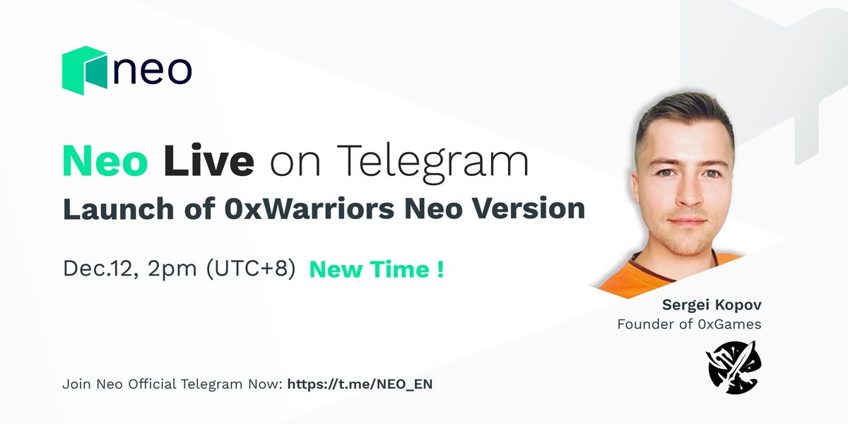 🤟#NeoLive is back with a new schedule! This week we will be having Sergei Kopov, the founder of 0xGames, introducing #Neo version of the game <a href="/0xWarriors/">0xWarriors</a>! Join our official Telegram to find out more!