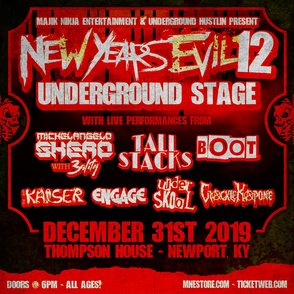 majikninjaent's tweet photo. #newyearsevil 12 is beyond stacked with two stages of #Underground awesome 🧟♂️
#tickets are on sale now 🤘🏻
It all goes down at #thompsonhouse in Newport, KY!!!
VIPS @twiztidshop (https://t.co/WeqdfBKfMM)
#majikninjaentertainment #mne2019 #livemusic #rap #underground #rittz https://t.co/Rl2qy1g6W4