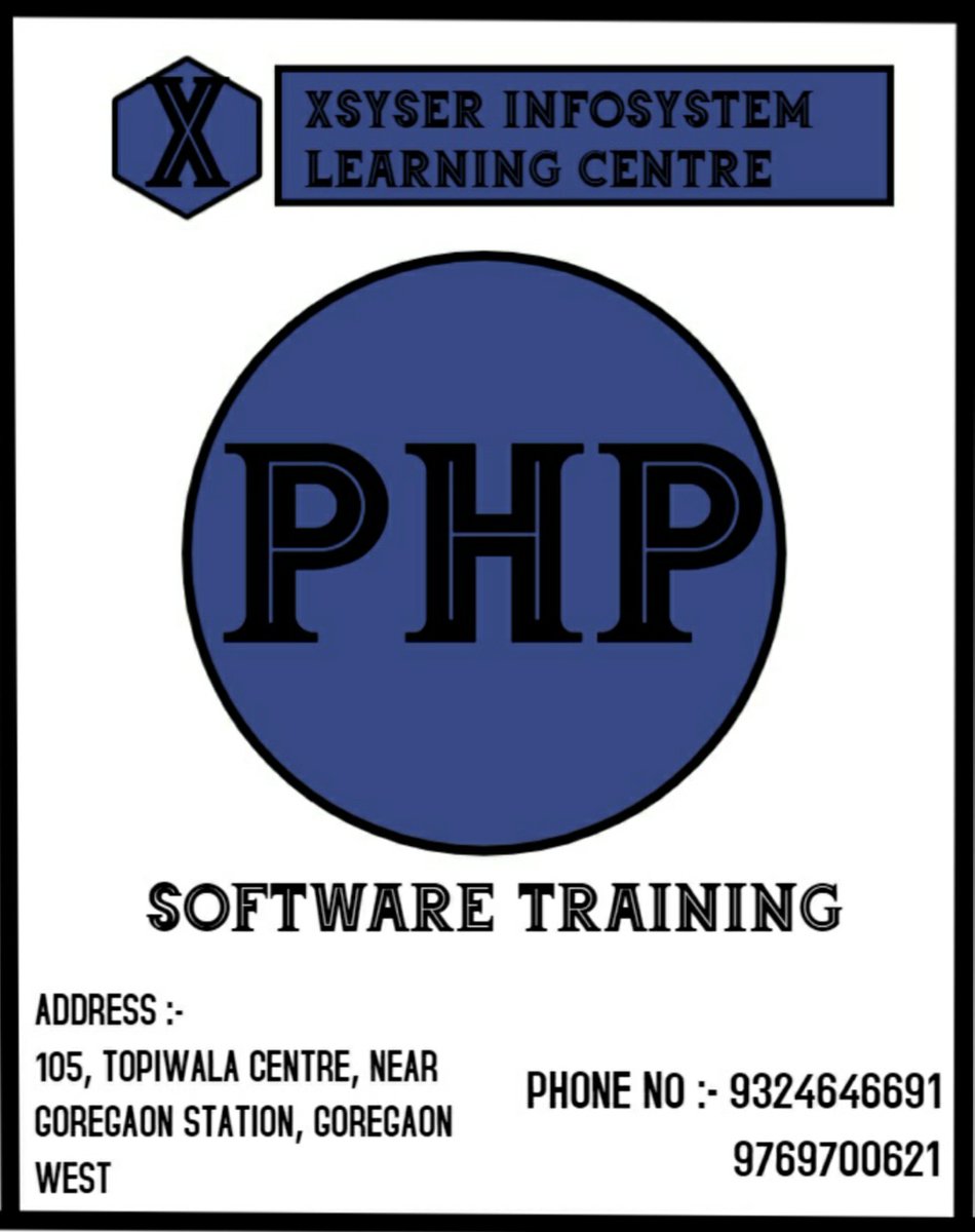 XsyserI's tweet image. Software training
If you are interested in learning software coure please contact us. #corephp #corephpdevelopment #advphp #wordpress #magento #codeigneter #codeigniterframework #codeigniterdevelopment #codeigniterdeveloper #xsyserinfosystem #goregaon #topiwala #goregaonwest