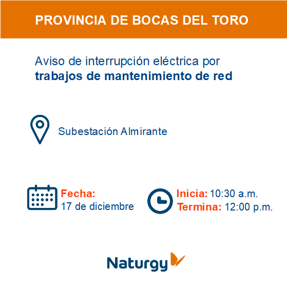 NaturgyPa's tweet photo. Realizaremos trabajos de mantenimiento preventivo en Subestación Almirante. Provincia de Bocas del Toro. https://t.co/48m6kgNpqG