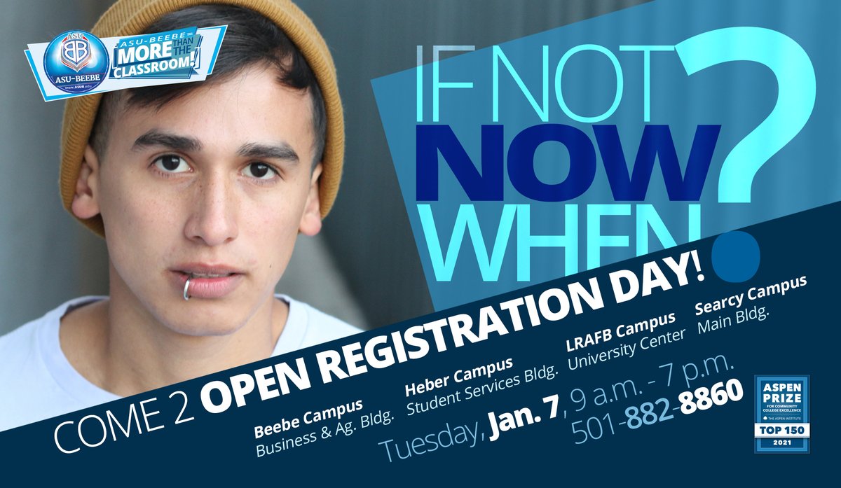 ASUBeebe's tweet photo. Want #job #skills, #leadership #experience, #certification, + higher earning potential?  #Enroll for #Spring2020🌼classes @ASUBeebe! #DoIt4U! If not #now, WHEN?!🤔

#ASUBeebe #OpenRegistrationDay 
Tues., #Jan. 7
Beebe + Heber + LRAFB + Searcy campuses
9 a.m. - 7 p.m.
501-882-8860 https://t.co/vYSXpYokHl