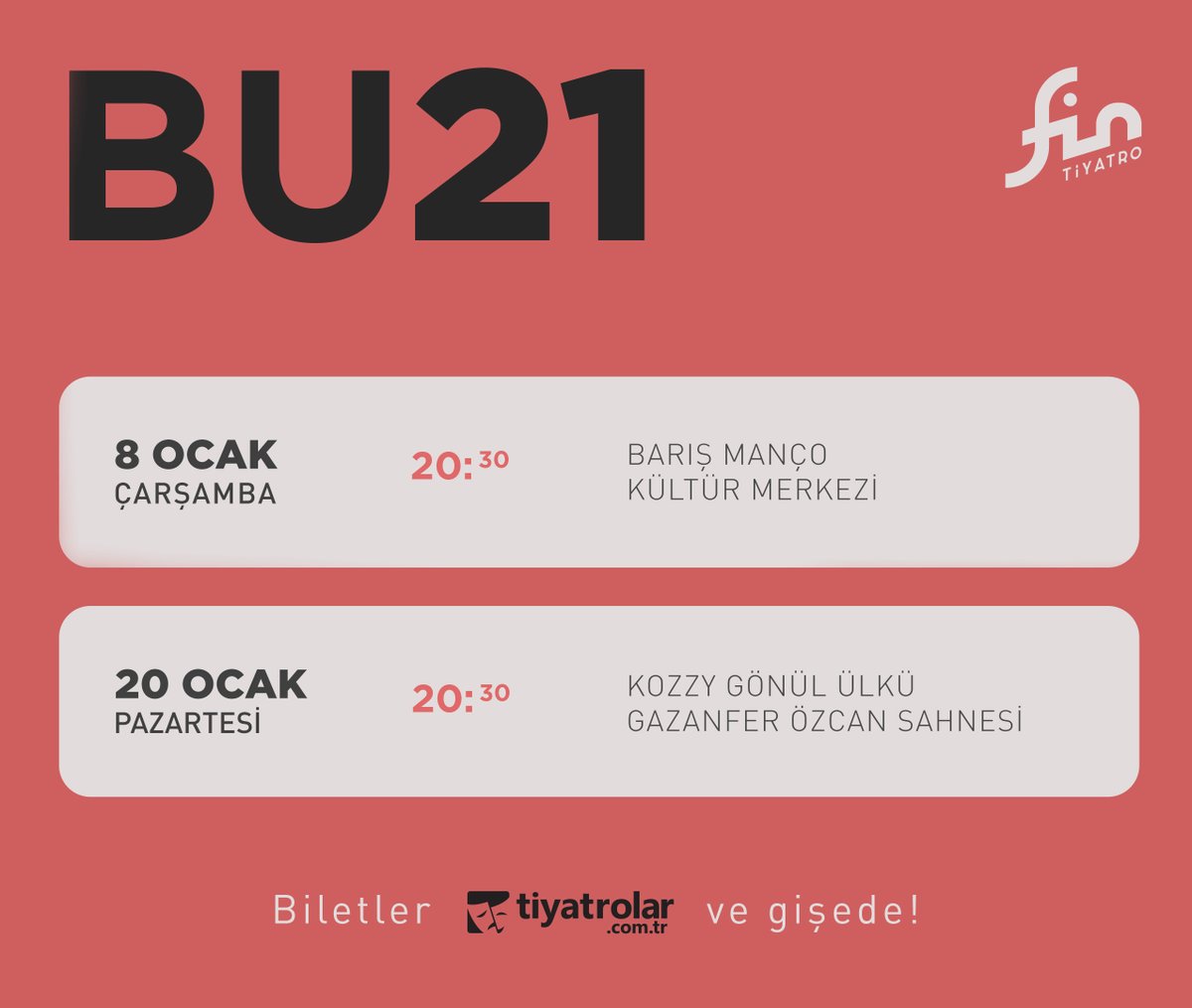 #BU21
#fintiyatro

Ocak ayı güncel oyun programımız.
Biletler tiyatrolar.com.tr ve gişede!