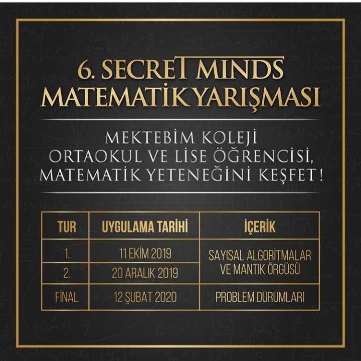 Ortaokul ve lise öğrencilerimize yönelik düzenlediğimiz 6.Secret Minds Matematik Yarışması 2.Tur Sınavı 20 Aralık Cuma günü tüm kampüslerimizde uygulanacaktır.
@Mektebim_ <a href="/sozkokk/">Servet Ozkok</a> <a href="/BanuGurun/">Banu Gürün</a> <a href="/erdemciplak/">Erdem Çıplak</a> <a href="/AserdarS/">A. Serdar Şeker</a> @materkanozkan #secretminds