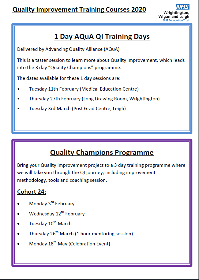 QC_WWL's tweet photo. 2020 Quality Improvement training events ranging from from lunchtime sessions to 3 day Quality Champions Project based sessions. Enrol now limited places available https://t.co/sRTxzGTB5P… 
@DavidBemrose @Debbie_Preston1 https://t.co/ivHFP7SY54