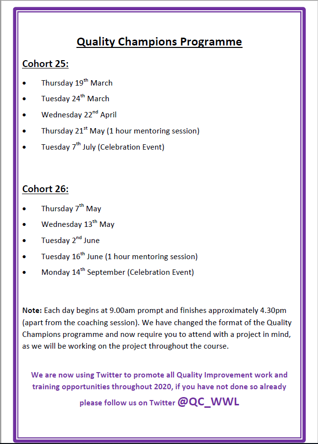 QC_WWL's tweet photo. 2020 Quality Improvement training events ranging from from lunchtime sessions to 3 day Quality Champions Project based sessions. Enrol now limited places available https://t.co/sRTxzGTB5P… 
@DavidBemrose @Debbie_Preston1 https://t.co/ivHFP7SY54