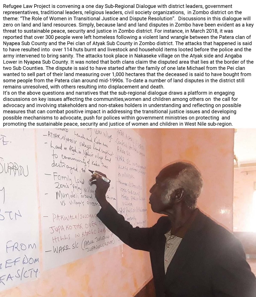 refugeelawproj's tweet photo. @RLPat20 Happening today in Zombo district, a Sub-regional Dialogue on understanding the role of women in Transitional Justice and Dispute Resolution. 
@EUinUG @DrChrisDolan @doxcie @BarnabasOtim @odocheward2 https://t.co/EdT3ULRV4Q