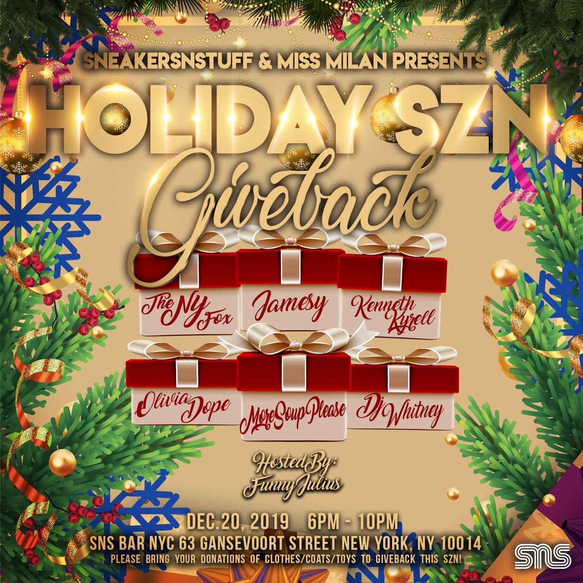DJMissMilan's tweet photo. @sneakersnstuff &amp; Miss Milan Presents:
🎁❤️Holiday SZN Giveback❤️🎁

This Friday 6p -10p we’re giving back!

Music by:
@THENYFOX_ 
@Thatisjamesy 
@kennethkyrell 
@DJOliviaDope 
@Moresoupplease 
@whitneybibeau 
Hosted by: @FunnyJulius 
📍SNS Bar NYC

RSVP: https://t.co/MdMB2korAS https://t.co/MvdNM3Slgb