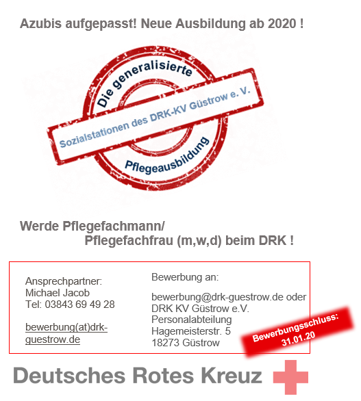 Lust auf was Neues?
Im neuen Jahr bieten wir die generalisierte Pflegeausbildung in unseren Sozialstationen an. Werde Pflegefachmann/frau.
Bewirb dich noch heute und komm zum DRK-KV Güstrow e.V.
