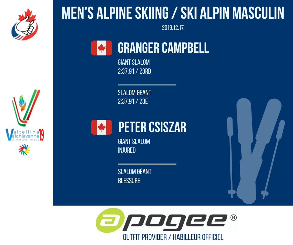 The results are in for the giant slalom! ⛷

Next and last skiing competition for Danielle Rousseau tomorrow morning!

Go 🇨🇦 Go! 
.
.
.
#GoCanadaGo #Deaflympics2019 #CDSA2019 #VictoryAlwaysFelt #Sports #Deaf #TeamApogee #DeafTheNorth