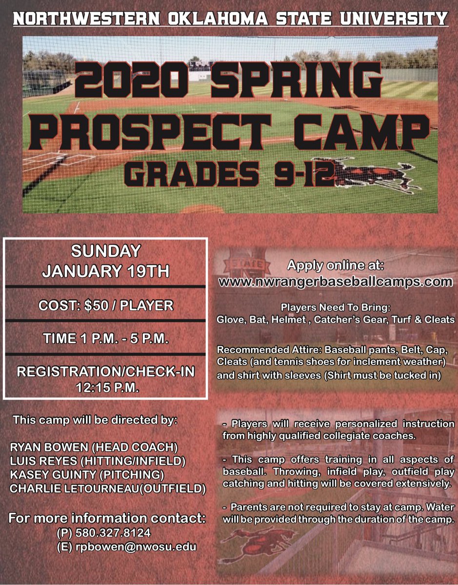 NWOSUBaseball's tweet photo. 🚨SPRING PROSPECT CAMP🚨
https://t.co/KcUJqpIjFc
Click link above to sign up⬆️

 🗓 - January 19th
📍- Glass Family Field/ Alva,OK
🕐 - 1:00 P.M. - 5:00 P.M.
🔴 - Grades 9-12
🎟 - $50/Player https://t.co/FyDEMxL3Iv