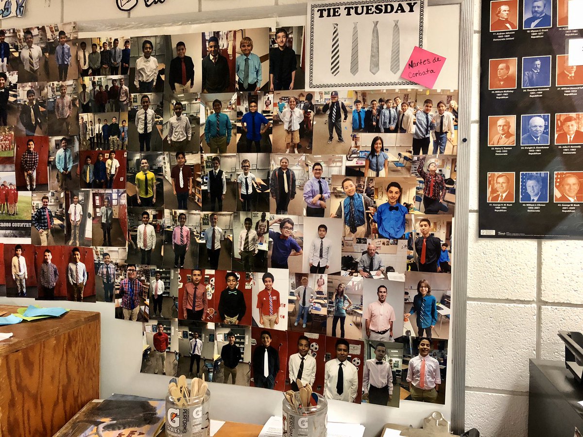 MrKdub's tweet photo. #Teachers
As a way to encourage professionalism in my classroom, I do a thing called #TieTuesday , in which I promise to wear a tie every Tuesday of school year & if a kid, boy or girl, does it, I take their picture & put it up on my wall. 7 years of it! #Teacher #LifeTeaching https://t.co/JRrpcGpPU1