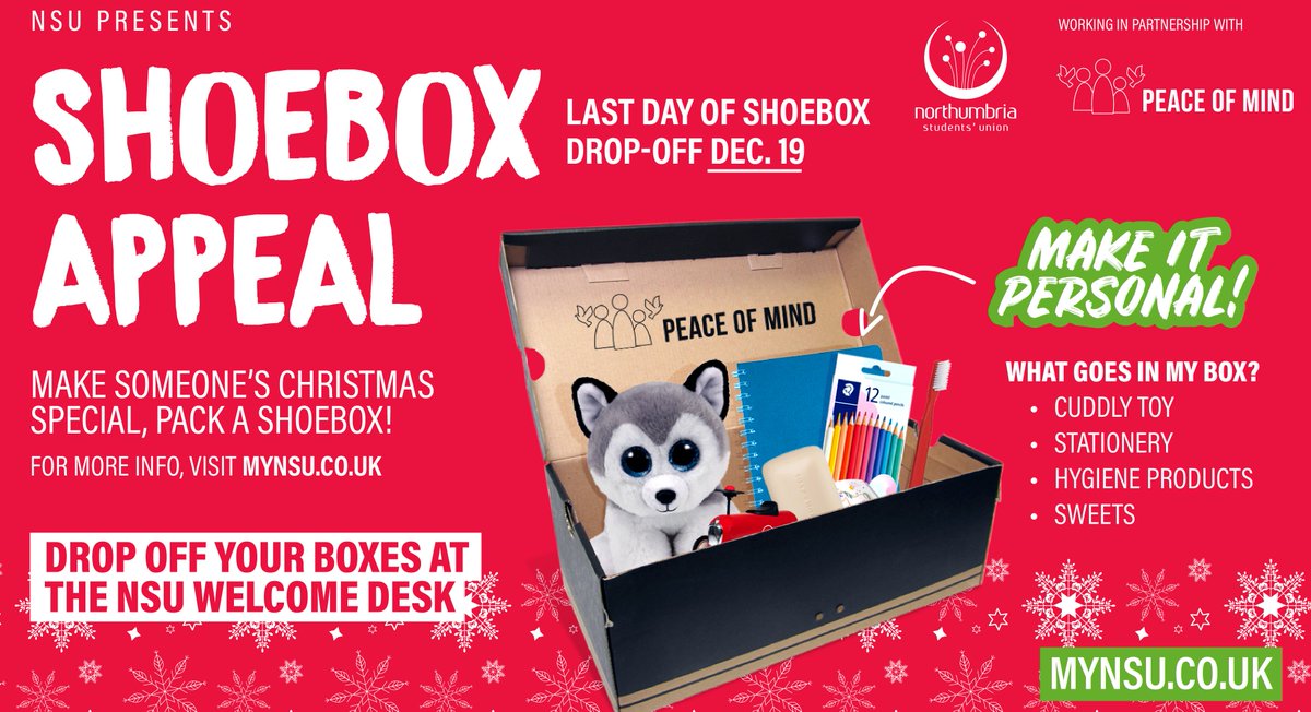 NorthumbriaSU's tweet photo. ❤️  Don't forget you have until Thursday to drop off your shoe box full of goodies to a little girl or boy Christmas! ❤️ https://t.co/229OZgvXv1