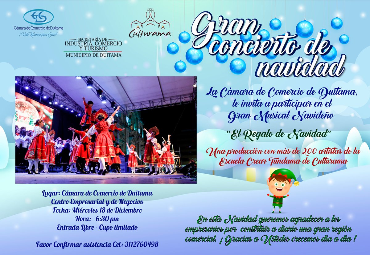 camaraduitama's tweet photo. 📍Queda un día para el Gran Concierto de Navidad🎄con 200 artistas de la Escuela Crear Tundama de #Culturama 👉¿Quieres asistir? 💥Te esperamos a partir de las 6:30 p.m. en el Centro Empresarial y de Negocios ‼️Entrada Libre‼️ https://t.co/w8EfMudxet