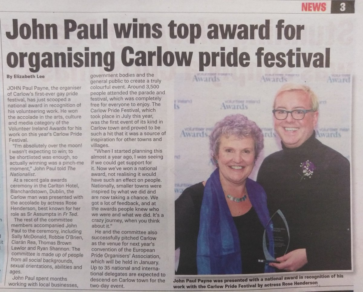 Article in today's Nationalist about John Paul Payne winning Volunteer Ireland Award 🥳

#volunteering #carlow #volunteerireland #pride #carlowpride #awards #volunteer #nationalist