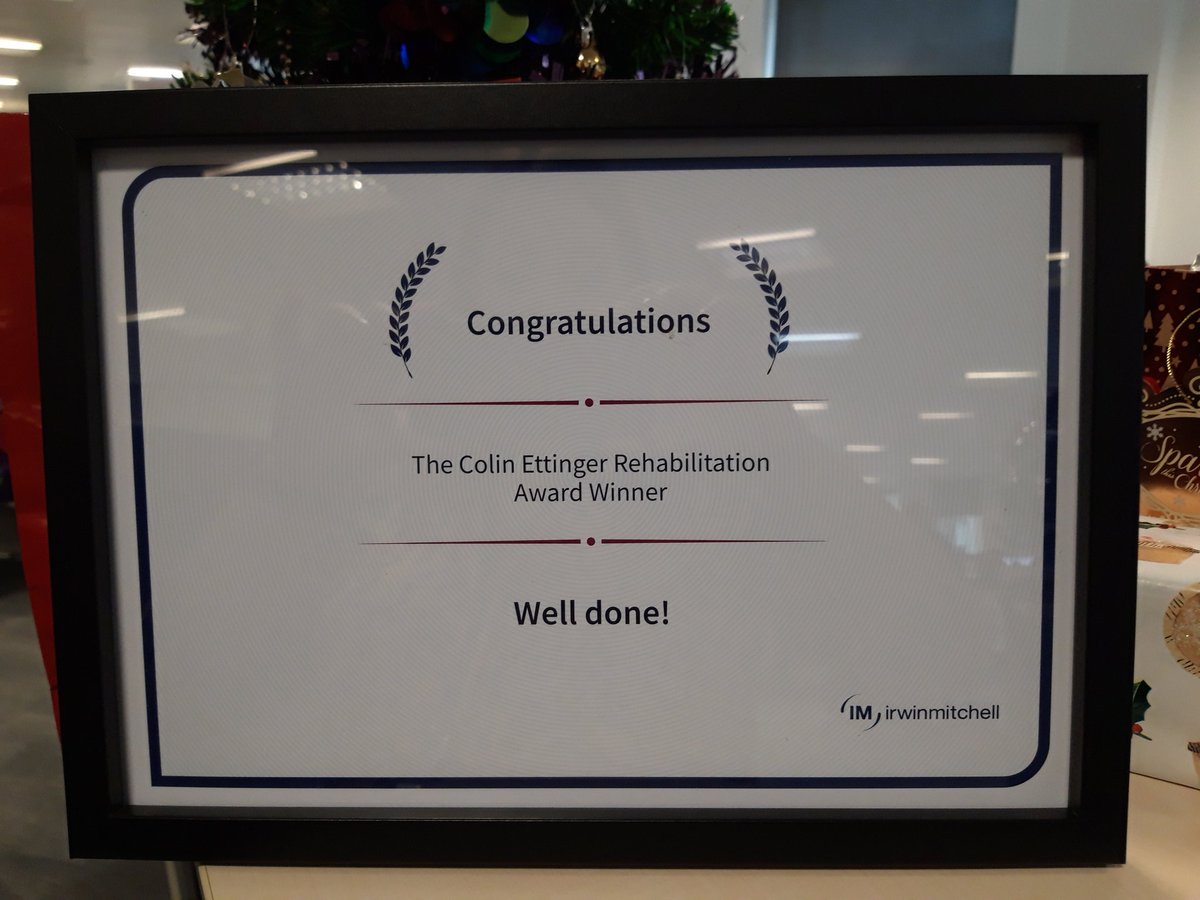 sledwardsPI's tweet photo. Absolutely thrilled and proud to say that @Sarah77Griggs  and I have been awarded the @irwinmitchell 'Colin Ettinger Rehabilitation Award' for our work supporting our client who suffered a severe traumatic brain injury whilst training with the Royal Marines #IMSuccess https://t.co/m8WhlWPPzw