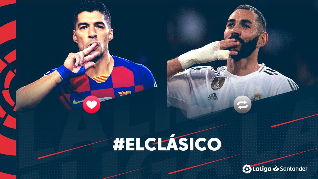 LaLiga's tweet photo. El gol en #ElClásico pasa por sus botas. ¿Qué '9' te gusta más? 

❤ @LuisSuarez9 
🔁 @Benzema https://t.co/f1DwZ2jMZb